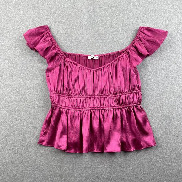 Lush Top Womens L Berry Pink Silky Satin Flutter Sleeve Tiered Flouncy Hem Fairy - Picture 1 of 9